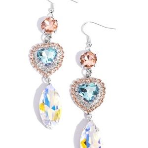 Silver, Oil spill and Blue Crystal Heart Earrings